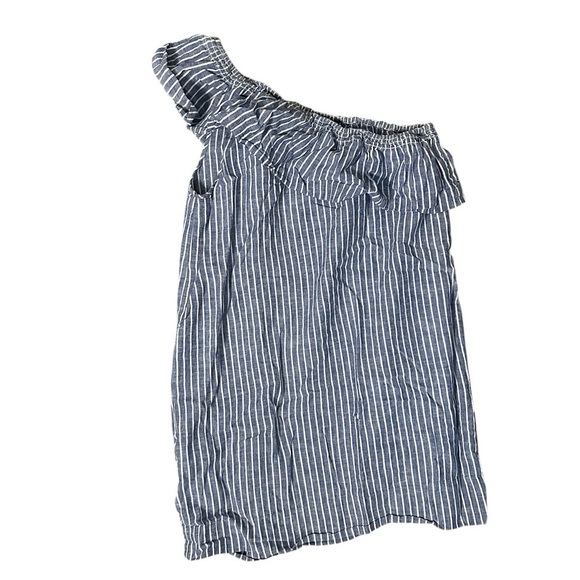 MADEWELL One Shoulder Blue White Striped Ruffle Linen Dress w Pockets Size M - Picture 6 of 7